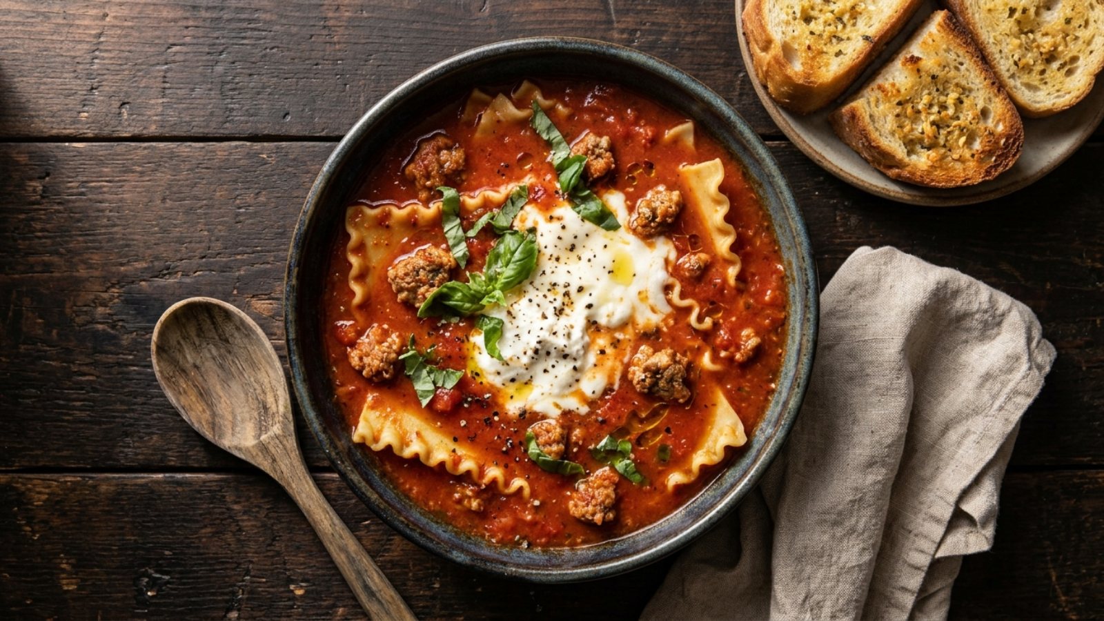 Lasagna soup in a rustic bowl with sausage, broken noodles, a ricotta and mozzarella dollop and basil