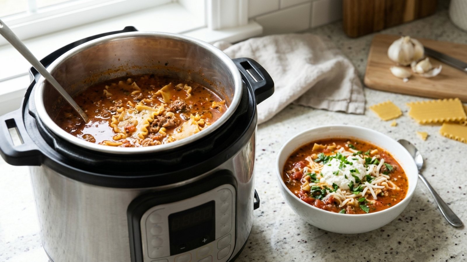 Lasagna soup in an electric pressure cooker pot next to a bowl topped with ricotta