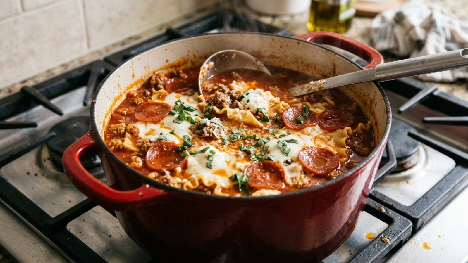 Meat lover's lasagna soup with beef, sausage, pepperoni and melted mozzarella in a Dutch oven