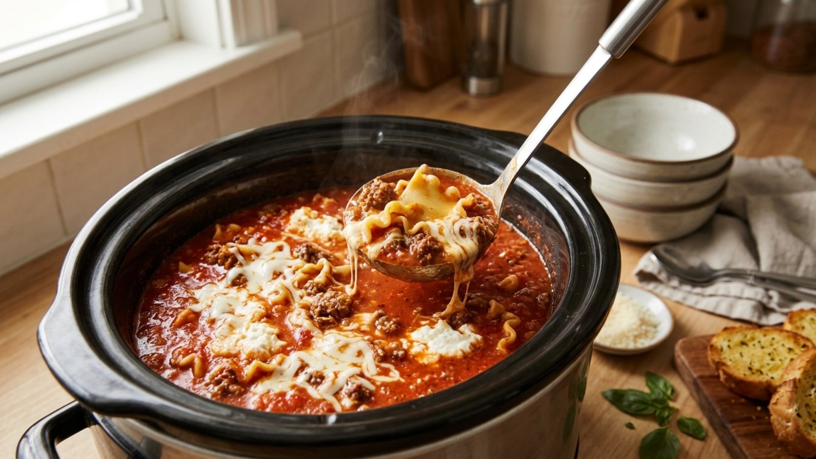 Slow cooker lasagna soup with beef, noodles and melted mozzarella in the crock