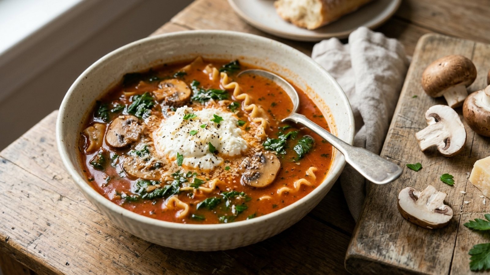 Mushrooms, spinach and ricotta in a cream colored bowl