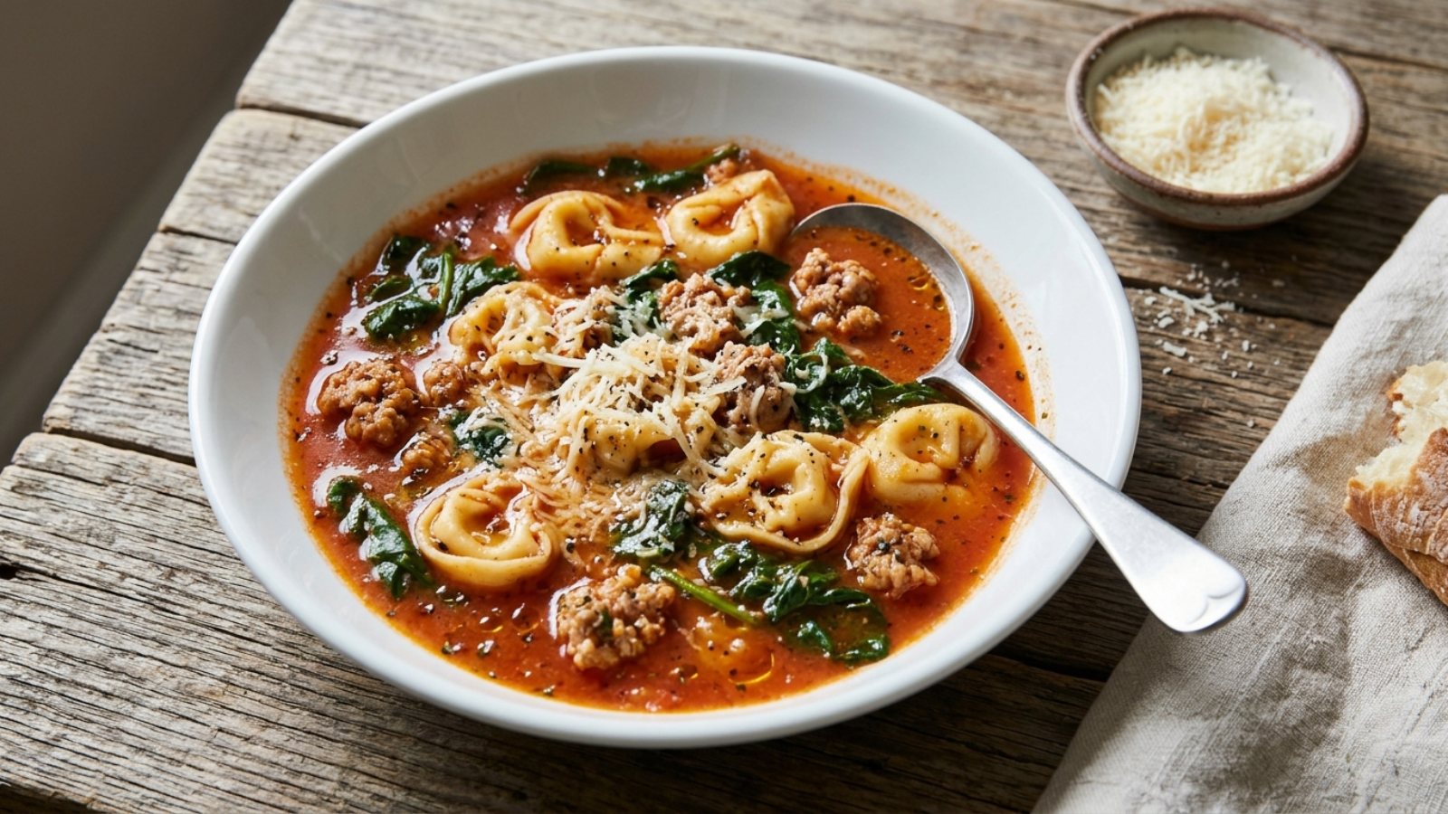 Cheese tortellini in a tomato broth with spinach and Parmesan