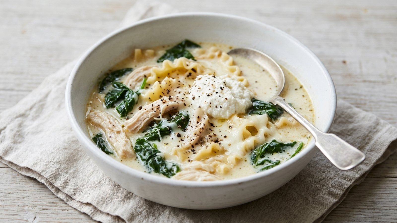 White chicken lasagna soup with spinach, noodles and a spoon of ricotta in a white bowl