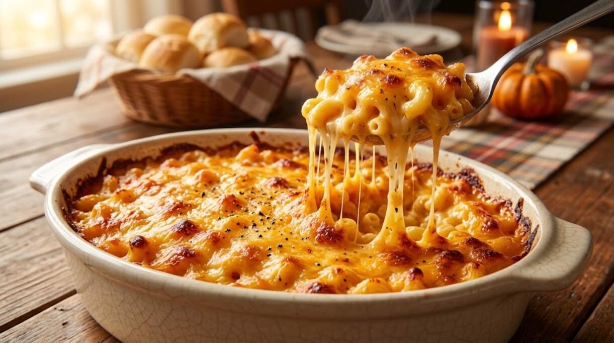 Baked mac and cheese with a golden bubbling crust and a spoon lifting a cheesy scoop