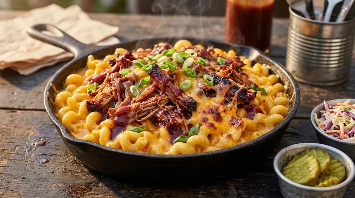 Mac and cheese topped with barbecue pulled pork
