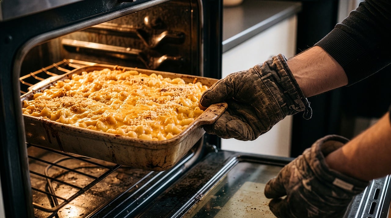 Golden make ahead pasta casserole coming out of the oven