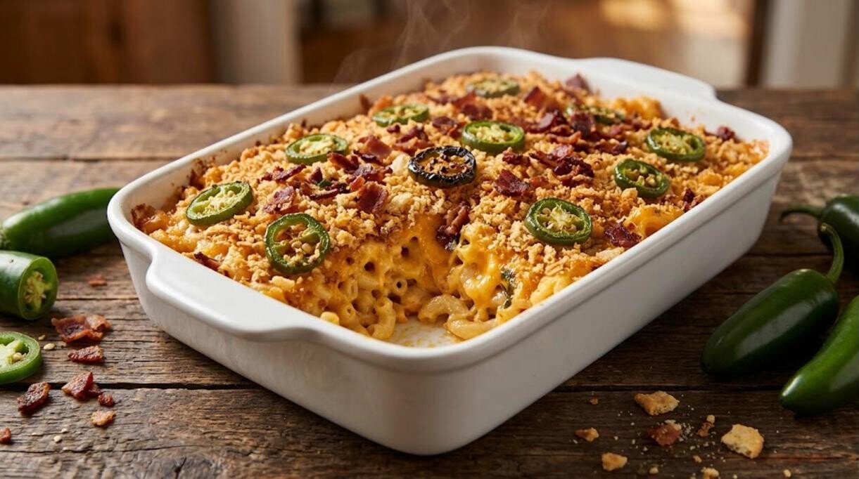 Baked mac and cheese with jalapenos and bacon