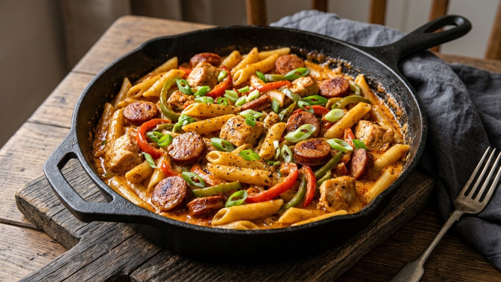 One-pot pasta with Cajun chicken, smoked sausage and peppers in a cast iron skillet
