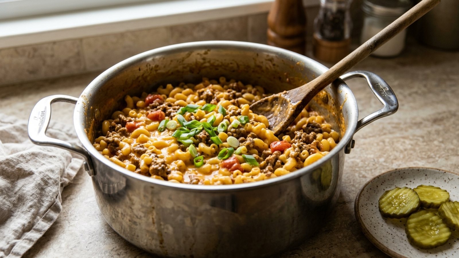 Cheeseburger pasta with elbow macaroni, ground beef and cheddar in a stainless steel pot