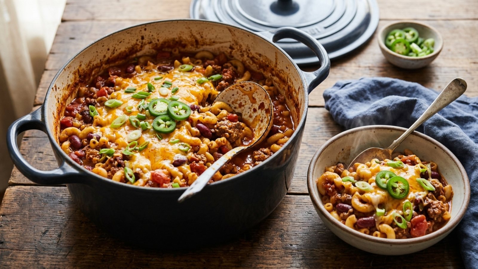 Chili mac with beans, melted cheddar and green onions in a dark pot