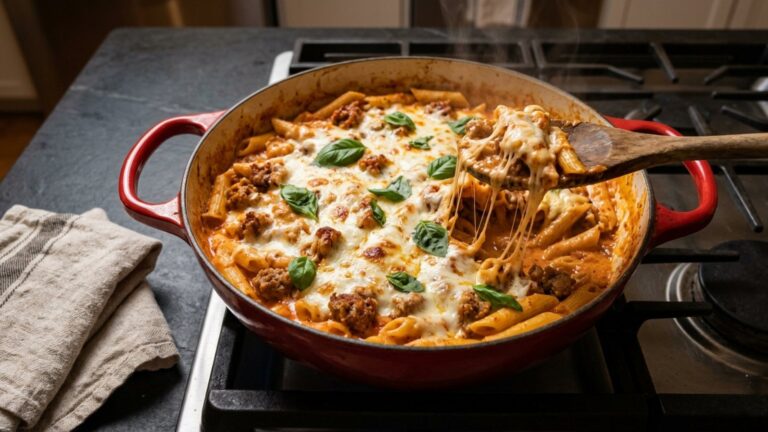 One-pot pasta: creamy sausage and tomato penne with melted mozzarella in a red Dutch oven