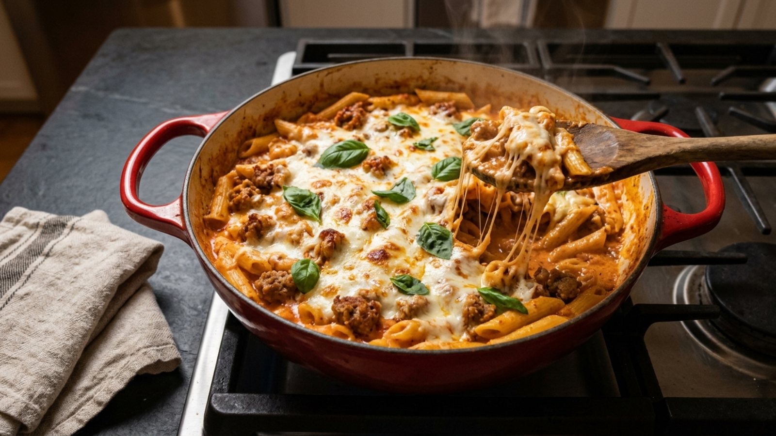 One-pot pasta: creamy sausage and tomato penne with melted mozzarella in a red Dutch oven
