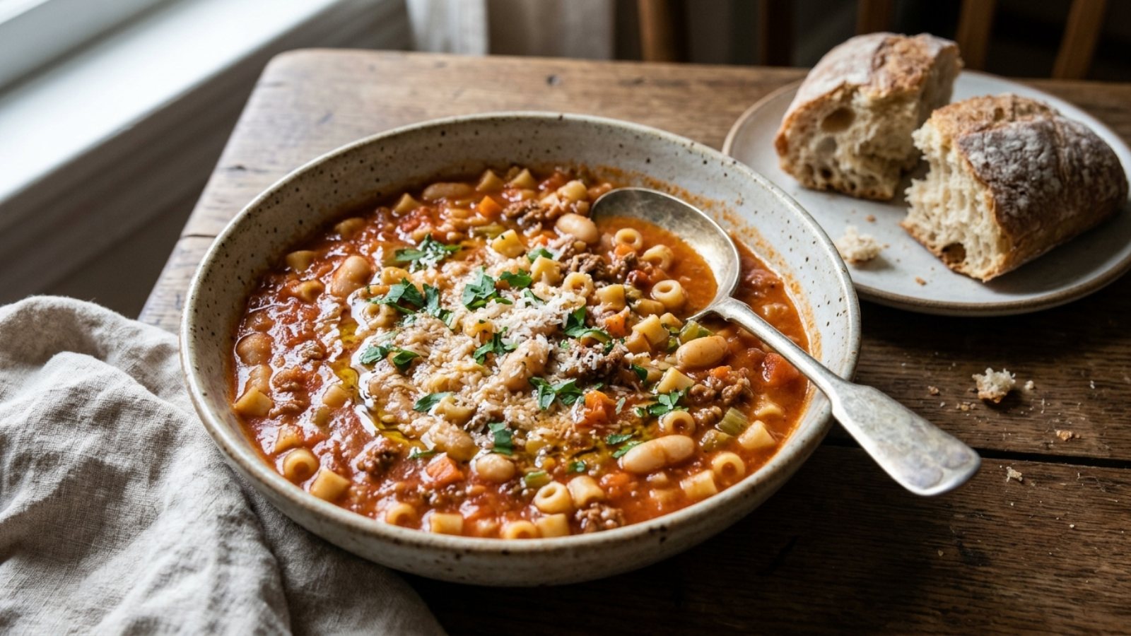Thick pasta e fagioli with ditalini, cannellini beans and Parmesan in a ceramic bowl
