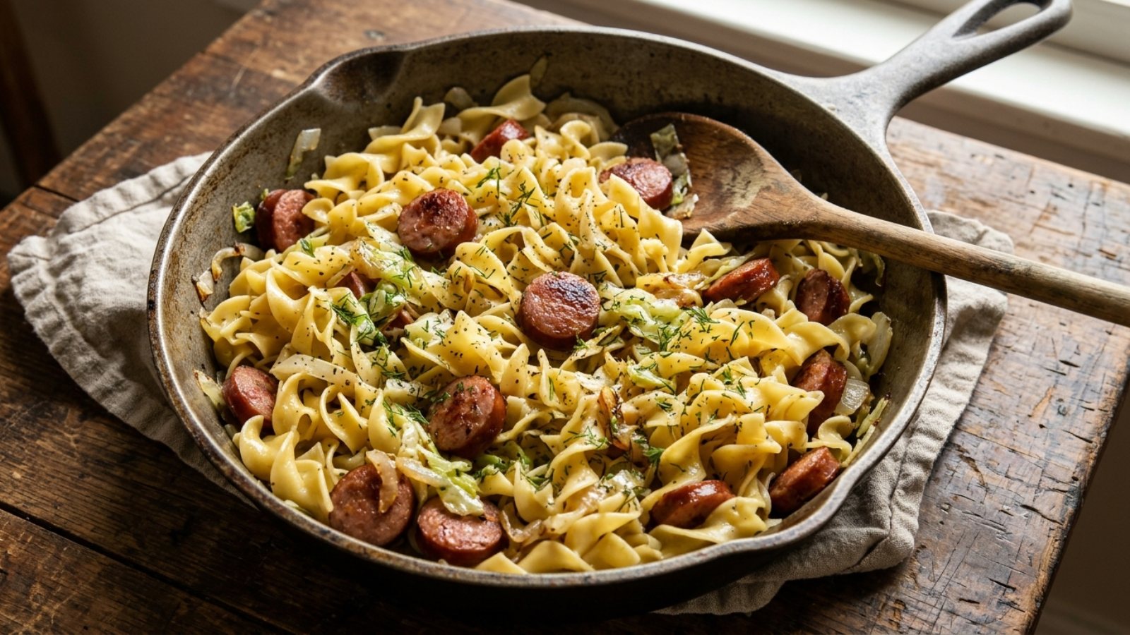 Kielbasa and cabbage egg noodles with dill in a large skillet
