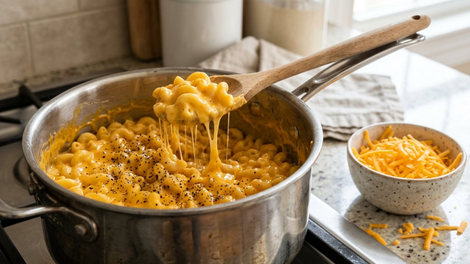 One-pot pasta favorite: creamy stovetop mac and cheese with a wooden spoon
