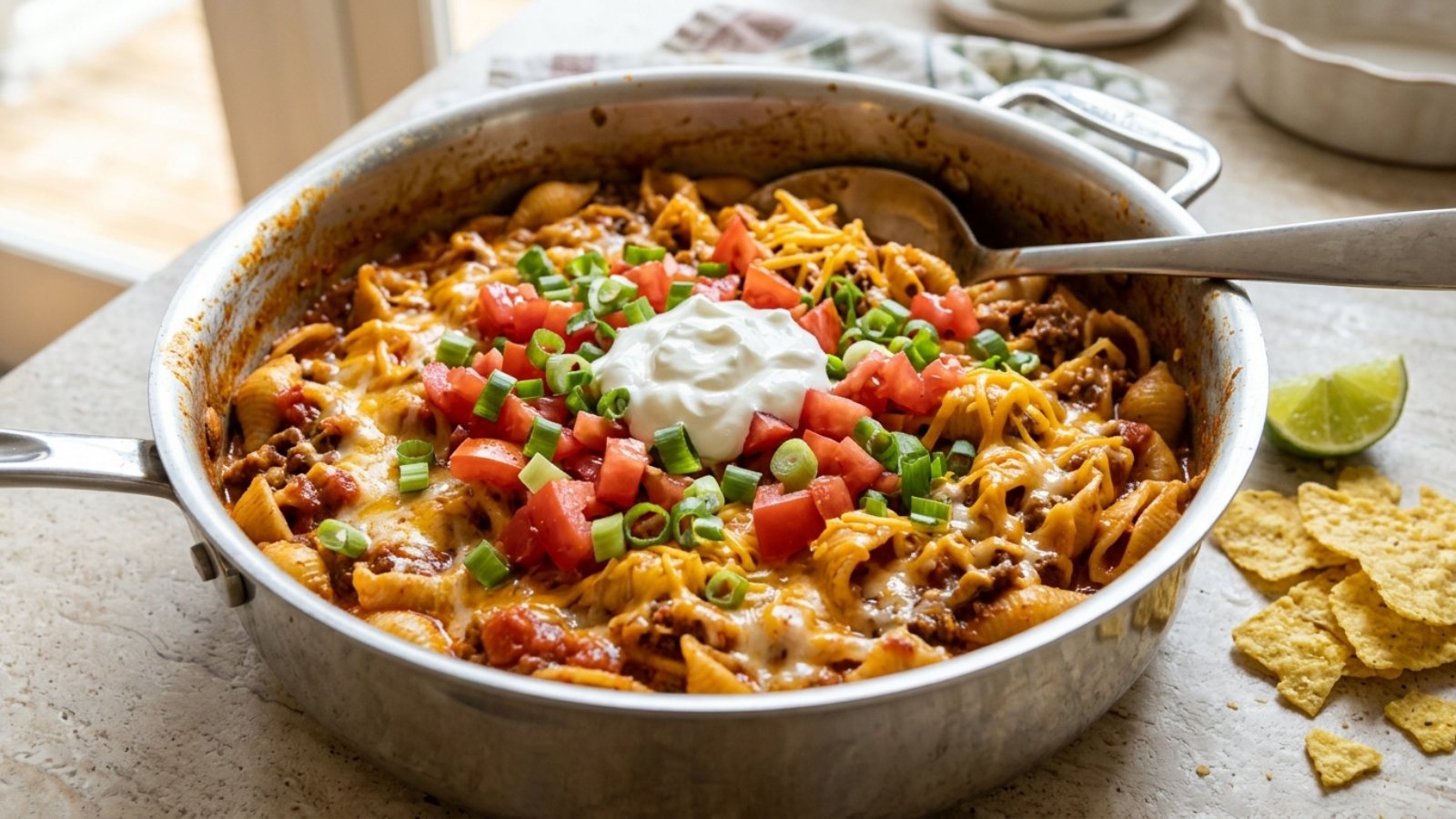 One-pot pasta with taco beef, shells, melted cheddar and sour cream in a stainless pot