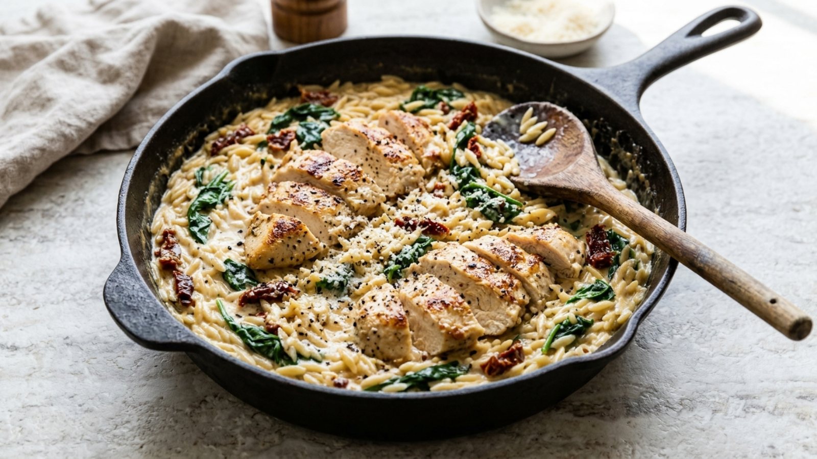 Creamy Tuscan chicken orzo with sun-dried tomatoes and spinach in a wide skillet