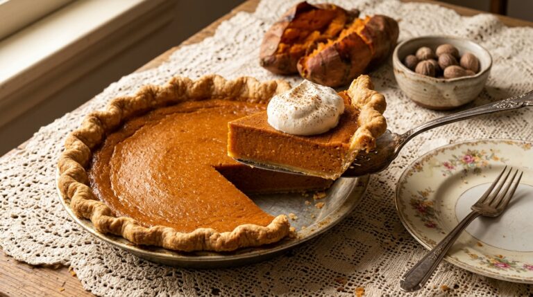 Southern sweet potato pie with a slice lifted and whipped cream on a lace tablecloth