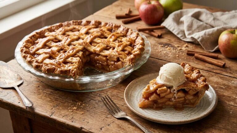 Homemade apple pie with a lattice crust, one slice served with vanilla ice cream