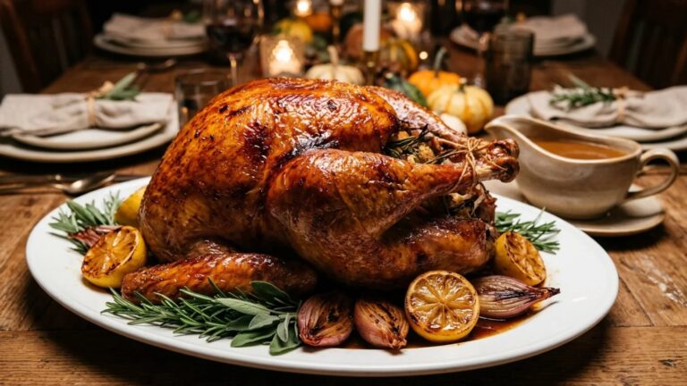 Golden roast Thanksgiving turkey on a white platter with rosemary, sage and lemons