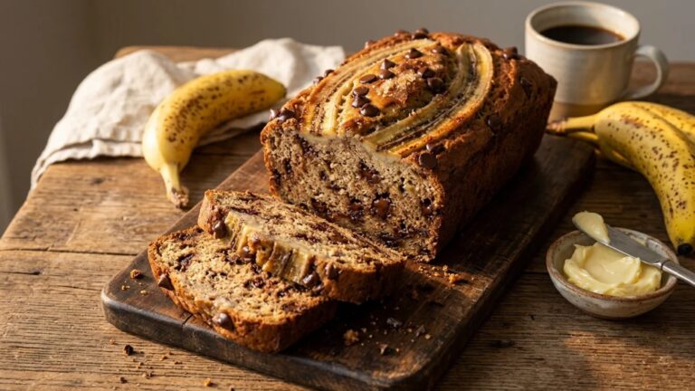 Chocolate chip banana bread loaf with a halved banana baked on top and two slices cut