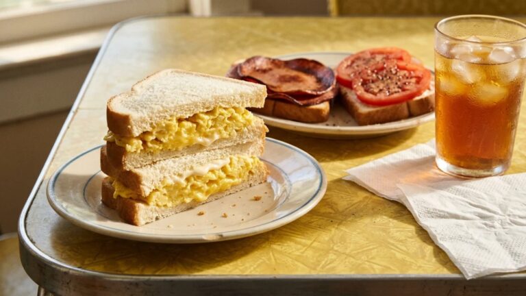Scrambled egg sandwich on white bread with fried bologna and tomato sandwiches behind, old fashioned sandwiches