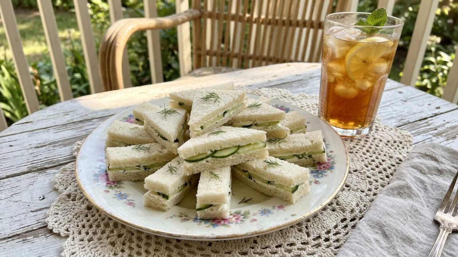 Cucumber and cream cheese tea sandwiches with crusts trimmed, old fashioned sandwiches