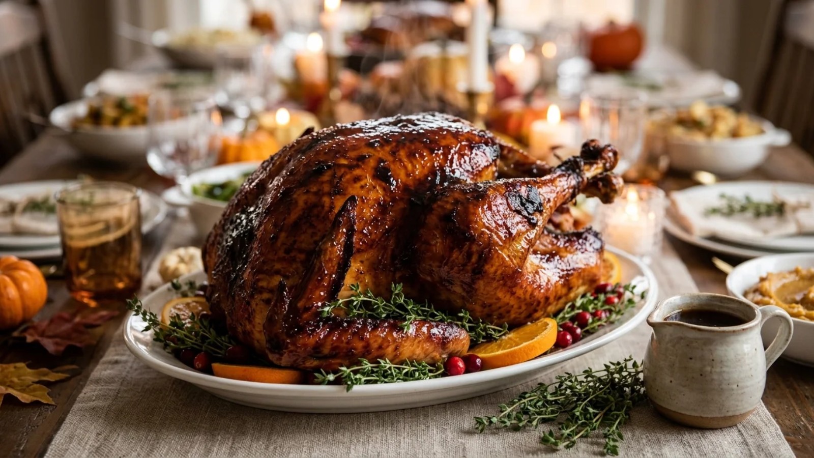 Shiny maple glazed roast bird on a platter