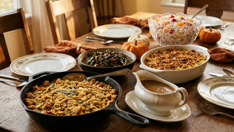 Southern Thanksgiving table with cornbread dressing in a cast iron skillet, gravy, collard greens and squash casserole