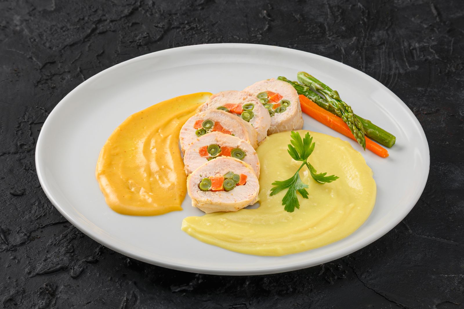 Sliced roulade showing a stuffing swirl