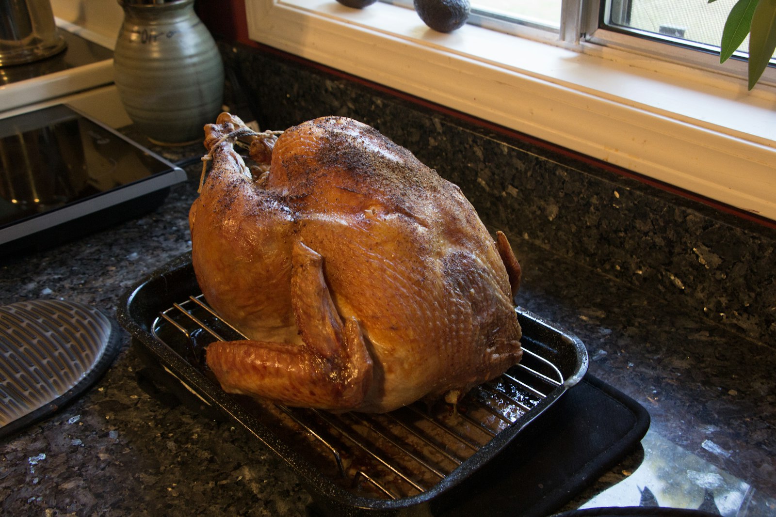 Smoked turkey with dark golden skin on a board, Thanksgiving turkey