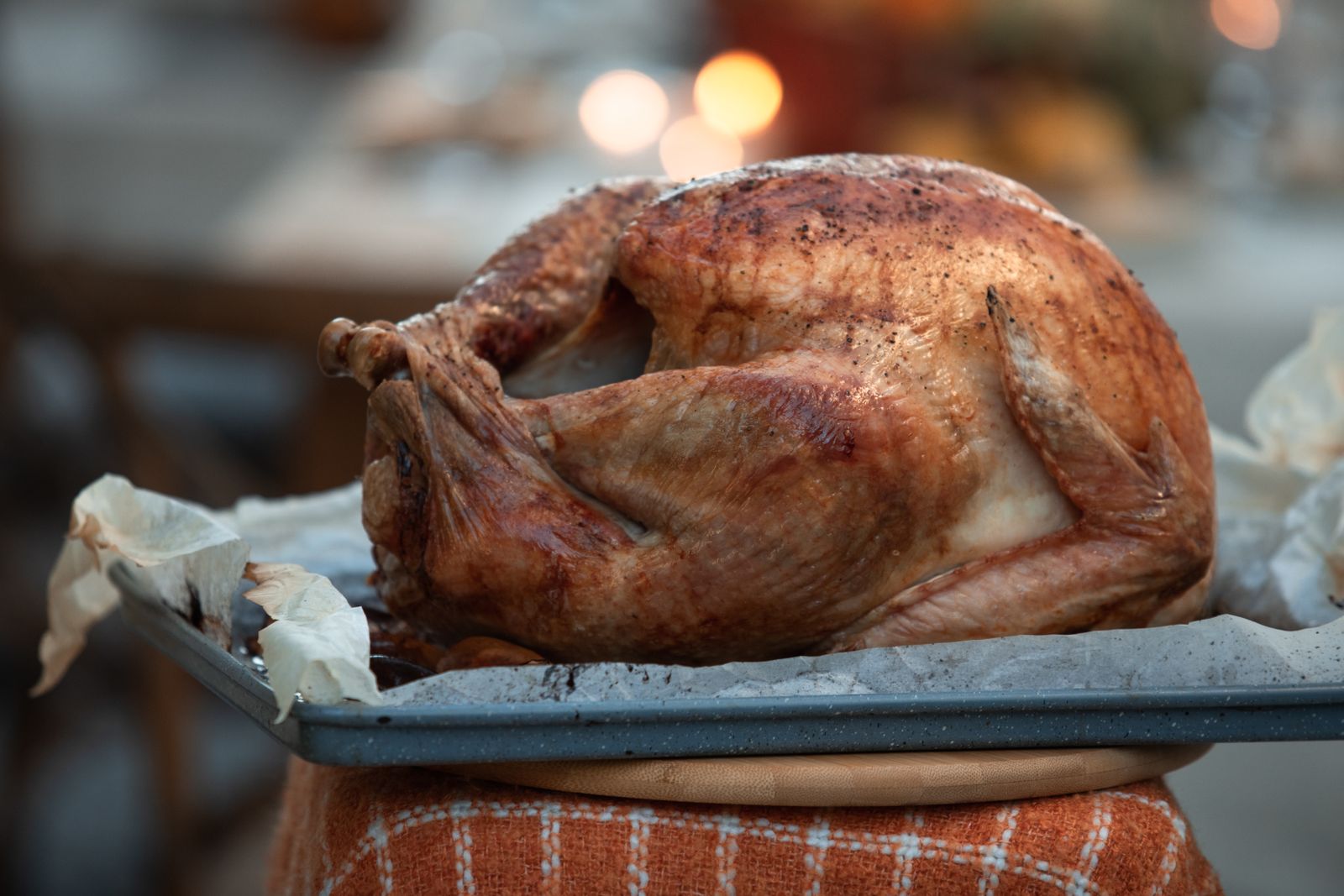 Whole roasted turkey in a roasting pan, Thanksgiving turkey