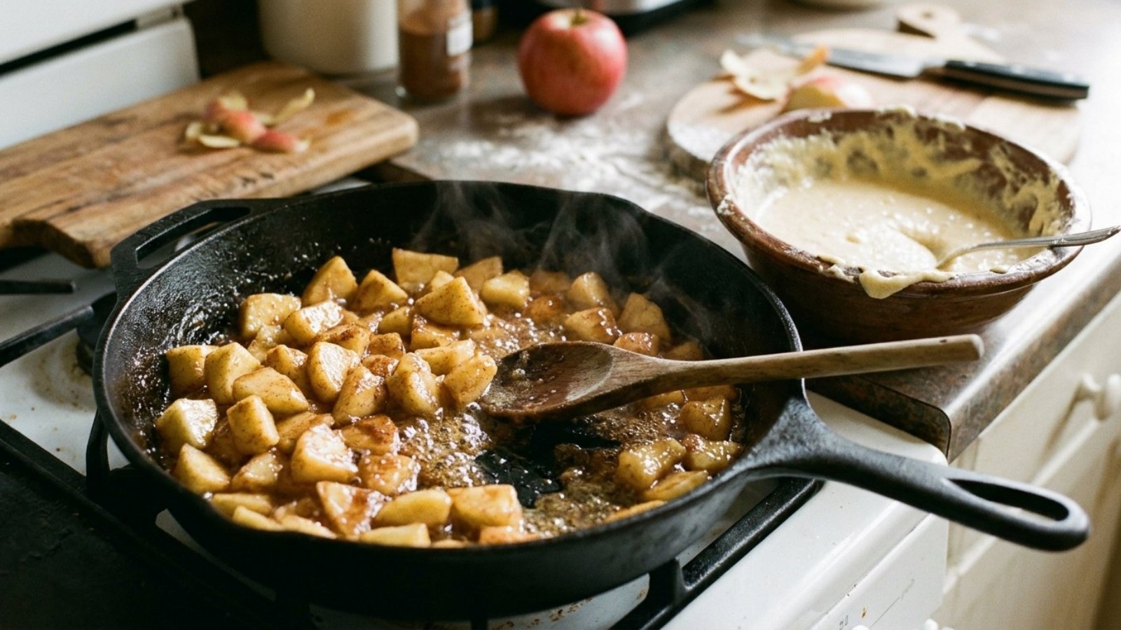 Chopped fruit cooking with butter, sugar and cinnamon in a cast iron skillet