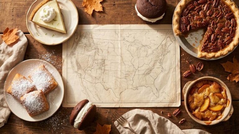 State desserts: key lime pie, beignets, whoopie pies, pecan pie and peach cobbler around a vintage US map