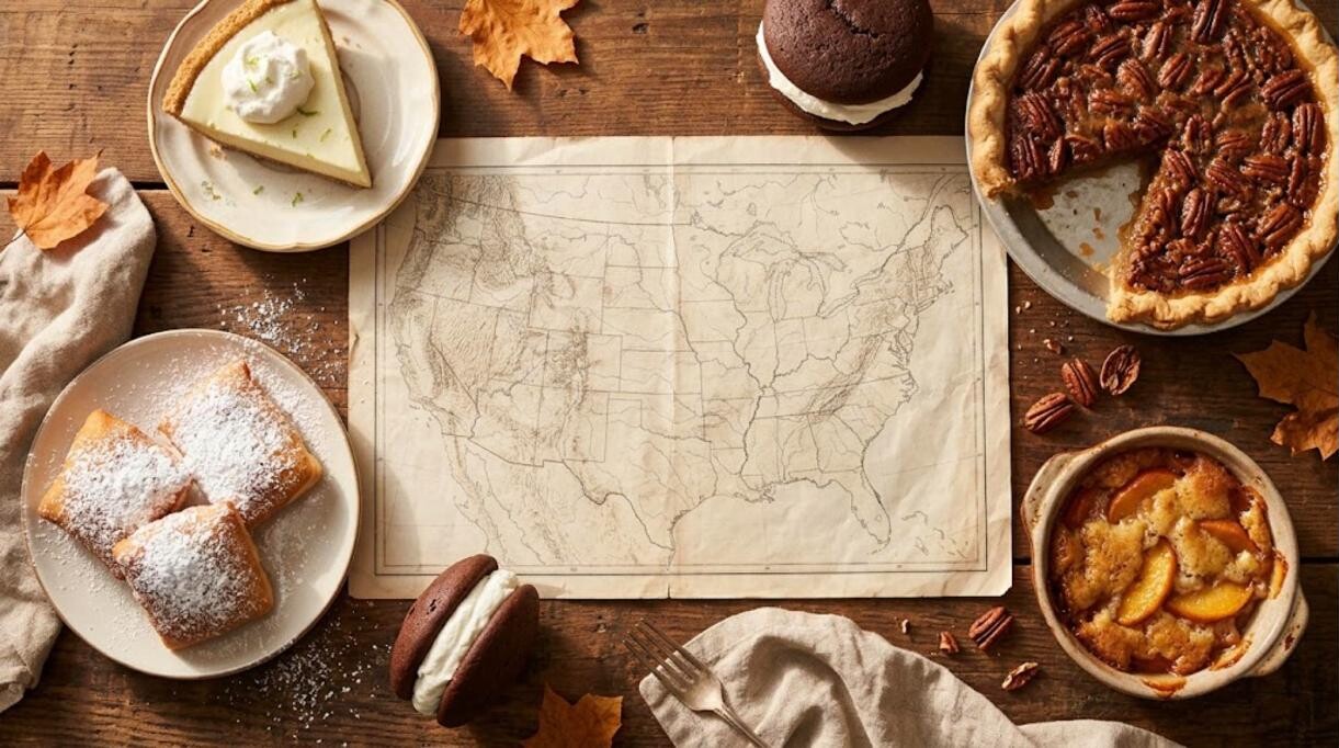 State desserts: key lime pie, beignets, whoopie pies, pecan pie and peach cobbler around a vintage US map