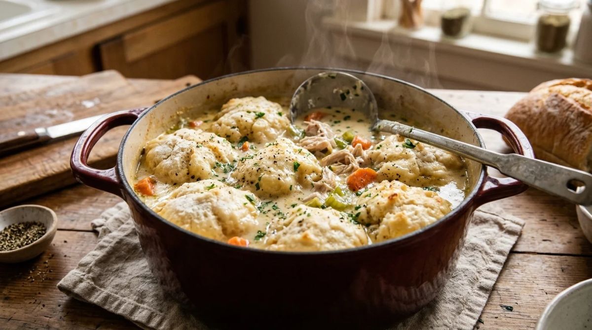 Chicken and dumplings with soft dough dumplings