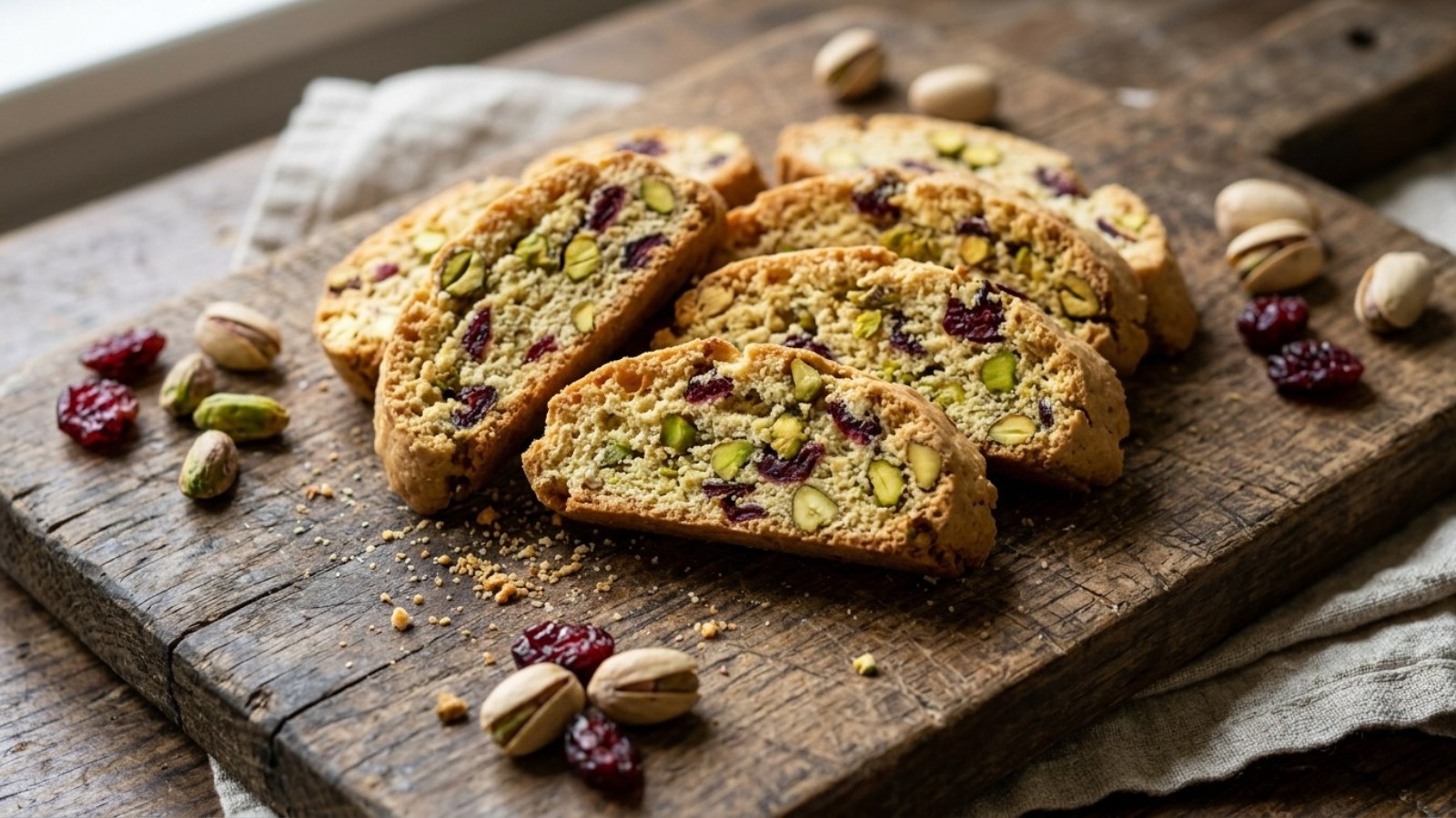 Biscotti with cranberries and pistachios sliced on a rustic board