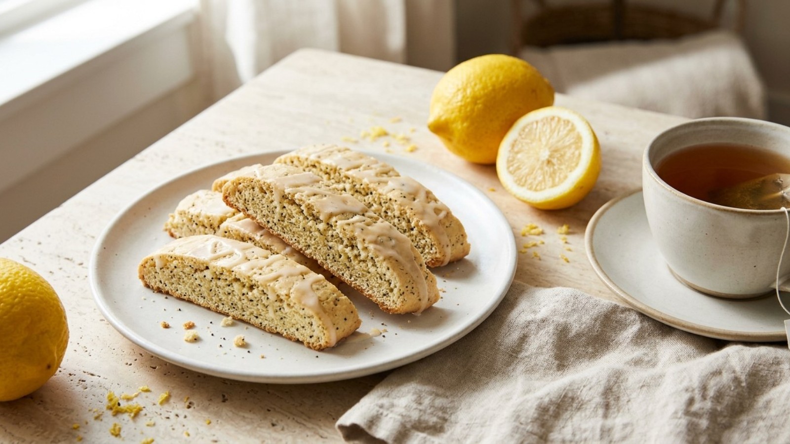 Lemon poppy seed biscotti with lemon glaze beside fresh lemons
