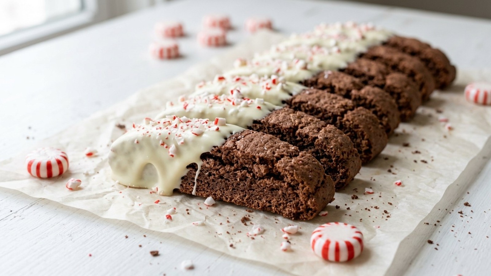 Chocolate cookies dipped in white chocolate with crushed peppermint