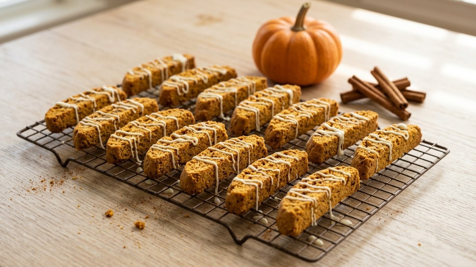 Biscotti: pumpkin spice biscotti with white chocolate drizzle on a cooling rack