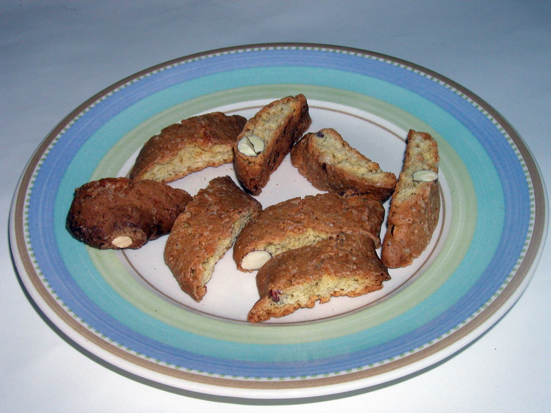Almond cantuccini on a striped plate