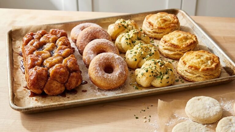 Biscuit dough hacks on a sheet pan: monkey bread, biscuit donuts, garlic knots and pot pie toppers