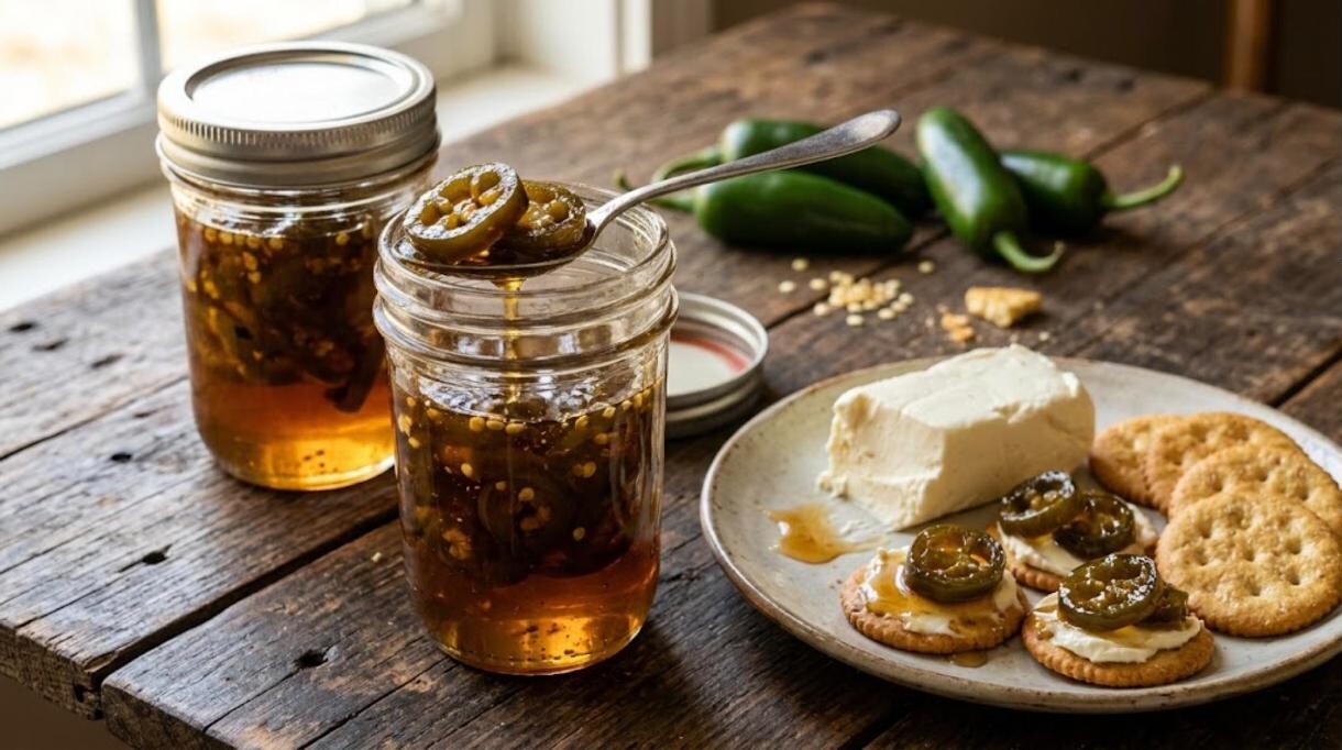 Candied jalapenos in jars with cream cheese and crackers
