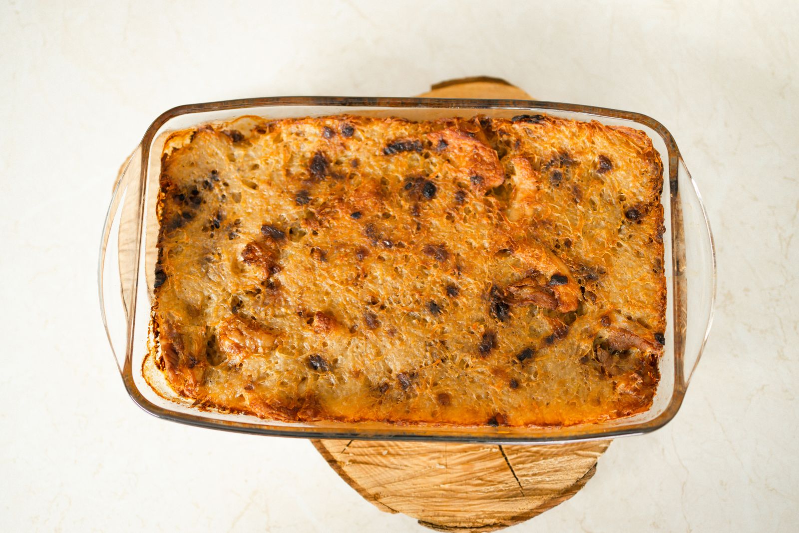 Cowboy casserole baked in a glass dish