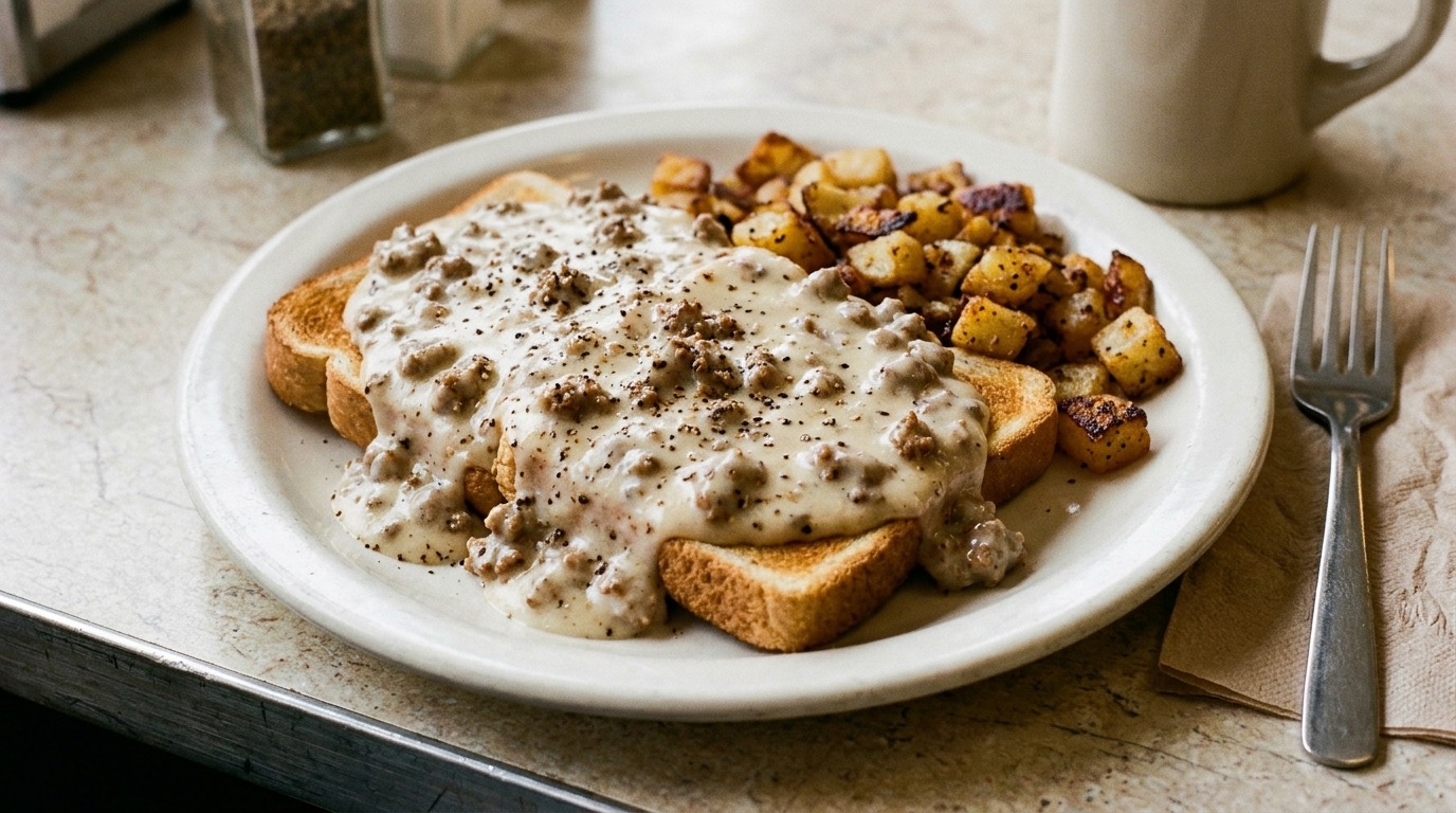 Creamed ground beef gravy in the style of creamed chipped beef over toast