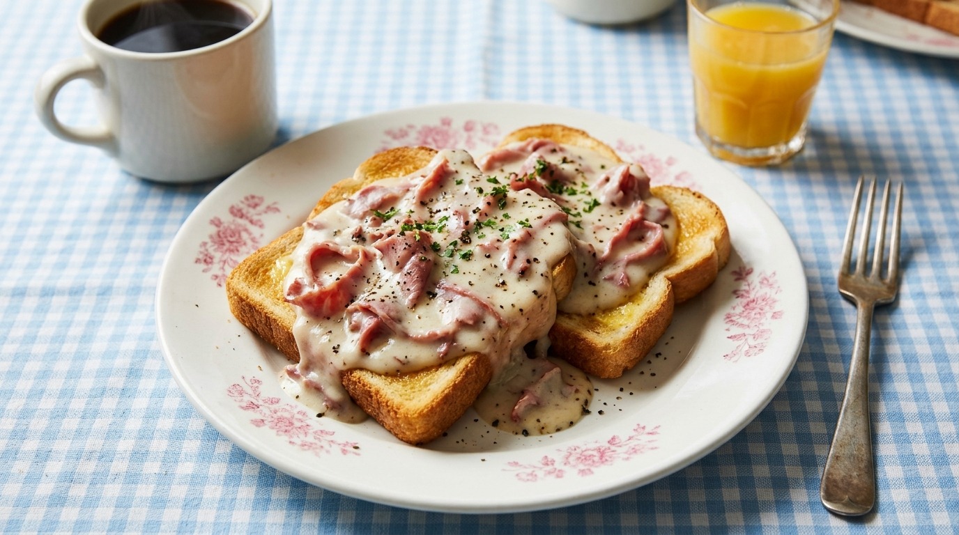 Creamed chipped beef gravy over thick buttered toast on a vintage floral plate