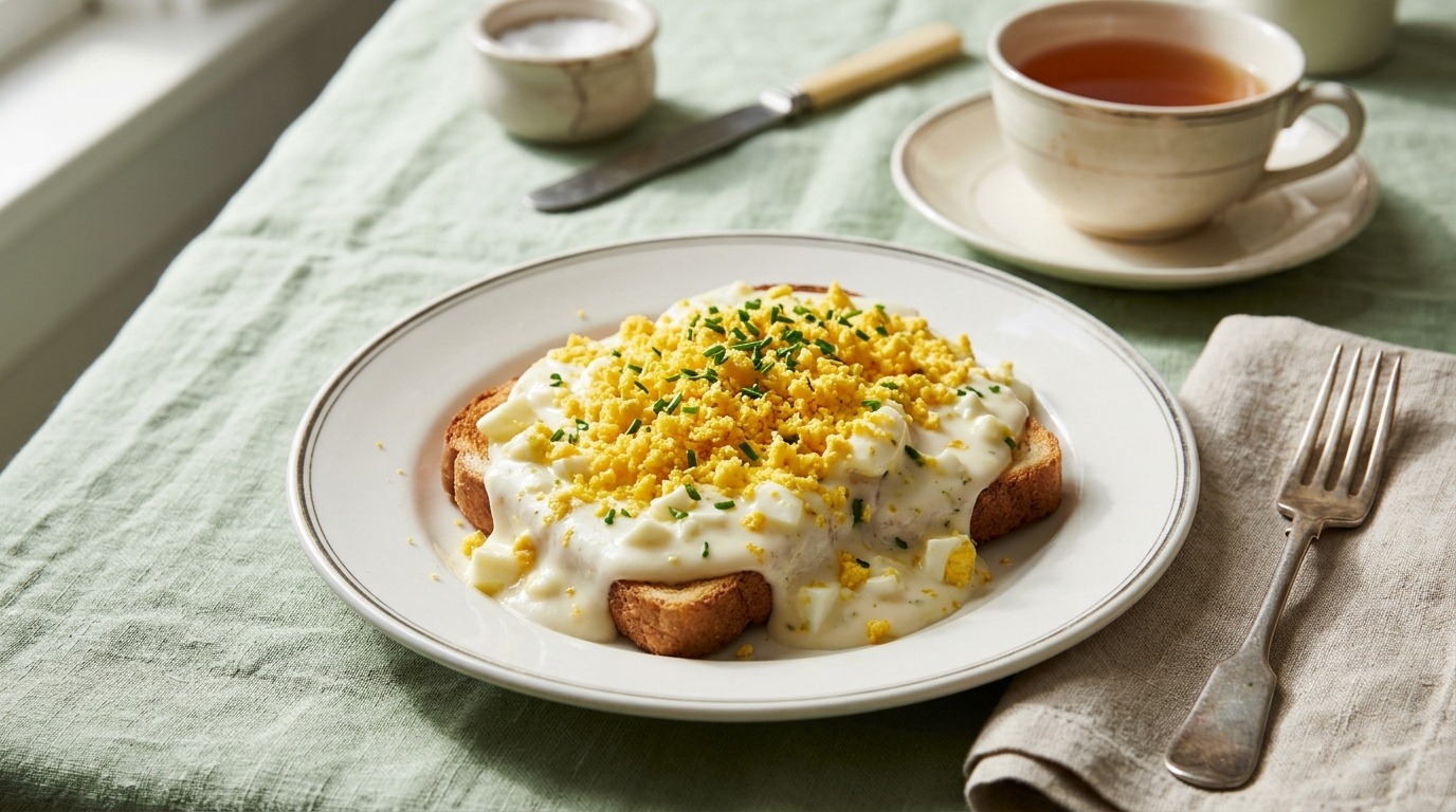 Goldenrod eggs with creamed egg whites and sieved yolk on toast