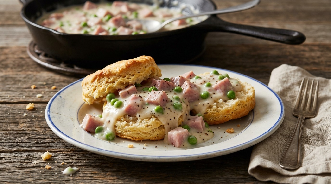 Creamed ham and peas over biscuits, a milder cousin of creamed chipped beef