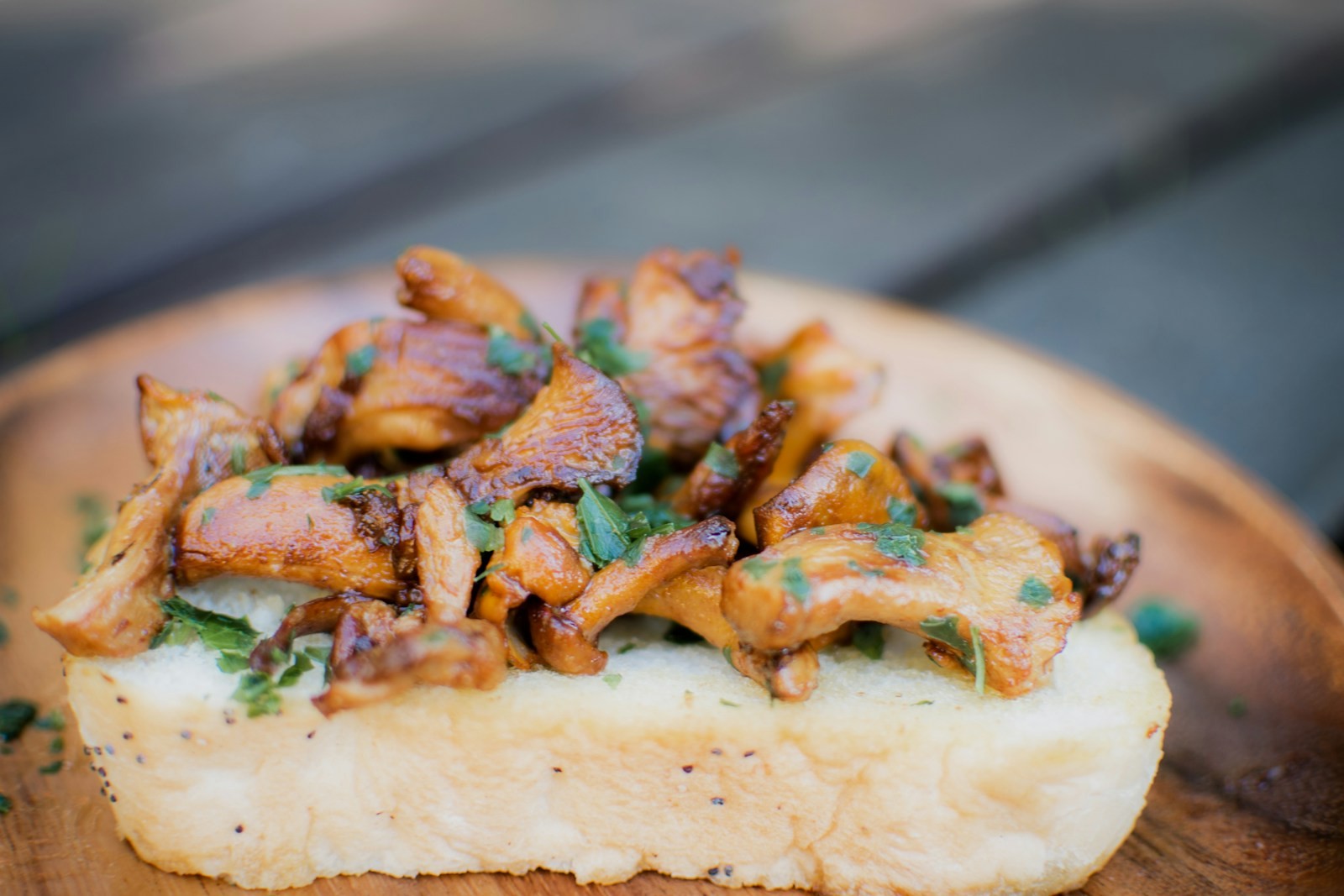 Golden mushrooms piled on a thick slice of toast