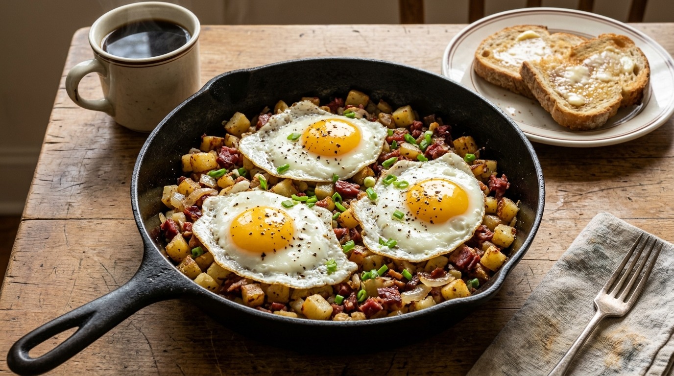 Cast iron skillet of crispy canned corned beef and potatoes topped with fried eggs